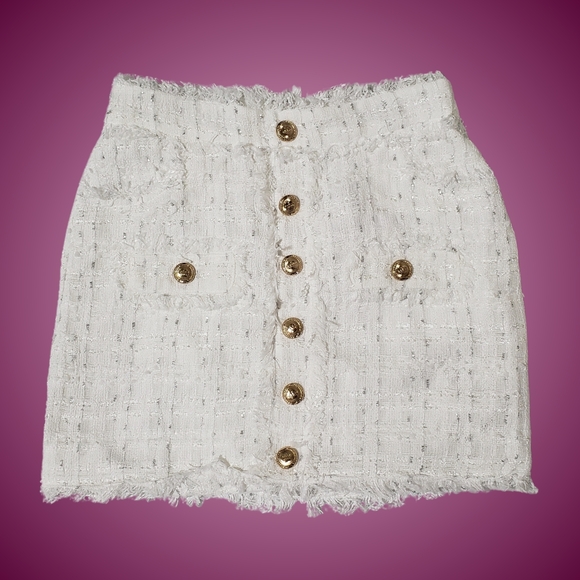 WALTER BAKER Dalia Tweed Mini Skirt 10 Elite Tweed Silver Metallic Gold Buttons - Picture 1 of 6